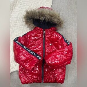 Tommy Hilfiger Red Puffer Jacket‎ Kids Size 4T with Faux Fur Hood